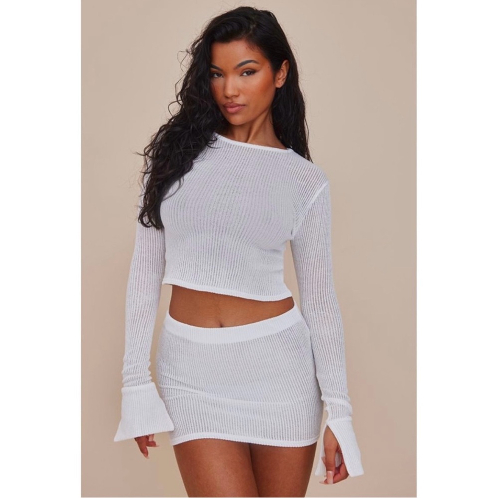 Prettylittlething White Sheer Soft Rib Longline Flared Sleeve Top. NWT. Size 12
